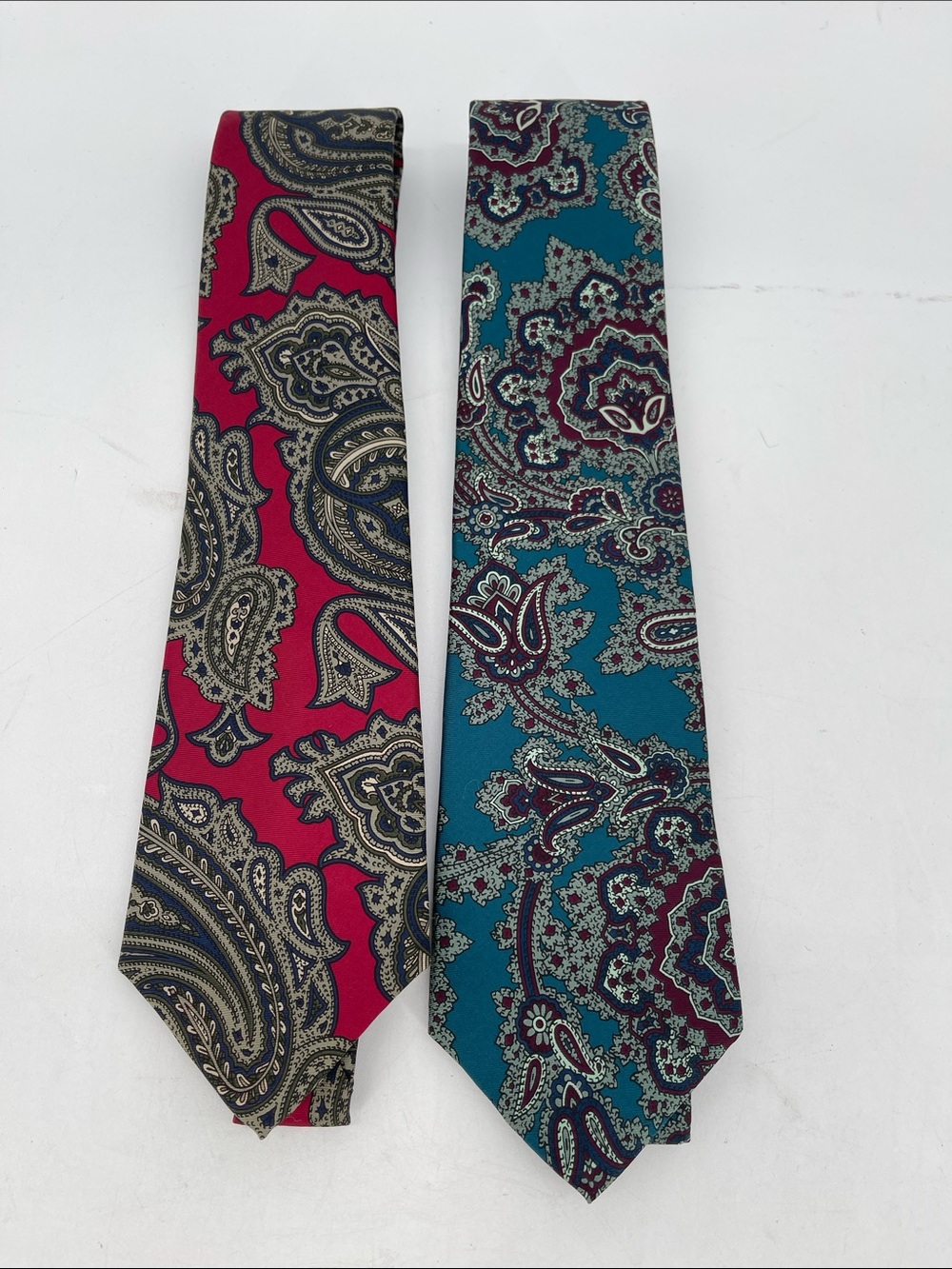 Vintage Mario Valentino Paisley 100% Silk Tie Duo in Red and Teal